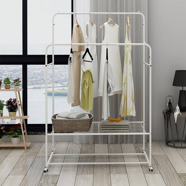 URTR White Clothing Garment Rack with Shelves, Metal Cloth Hanger Rack Stand Clothes Drying Rack for Hanging Clothes