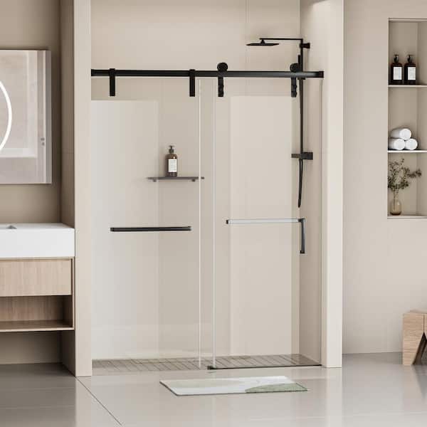 EAKYHOM 60 in. W x 76 in. H Soft Closing Single Sliding Frameless Shower Door in Matte Black Finish with 5/16 in. Tempered Glass