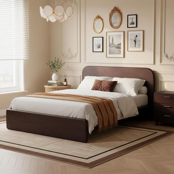 Hector Modern Walnut Brown Wood Frame Queen Platform Bed Frame with Rounded Headboard