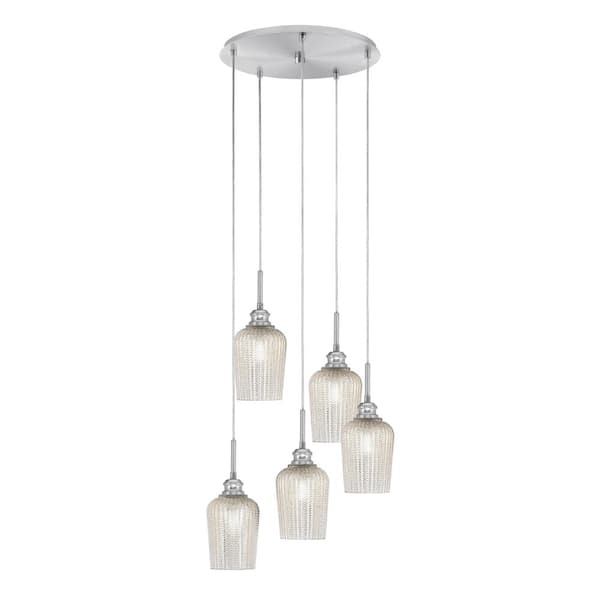 Unbranded Albany 60-Watt 17.25 in. 5-Light Brushed Nickel Cord Pendant Light Silver Textured Glass Shade