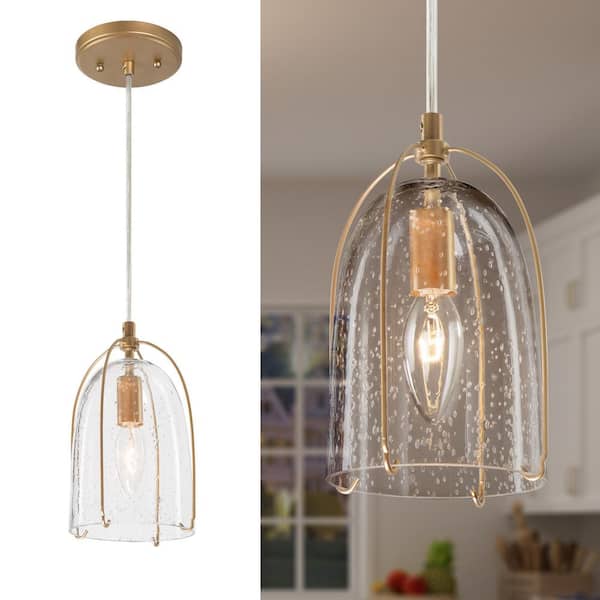 Uolfin Moder Gold Kitchen Island Hanging Light, 1-Light Bell Dining Room Pendant Light with Seeded Glass Shade