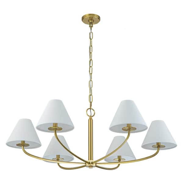 6-Light Antique Gold Mid-Century Modern Curved-Style Chandelier with White Linen Shade and No Bulb Included