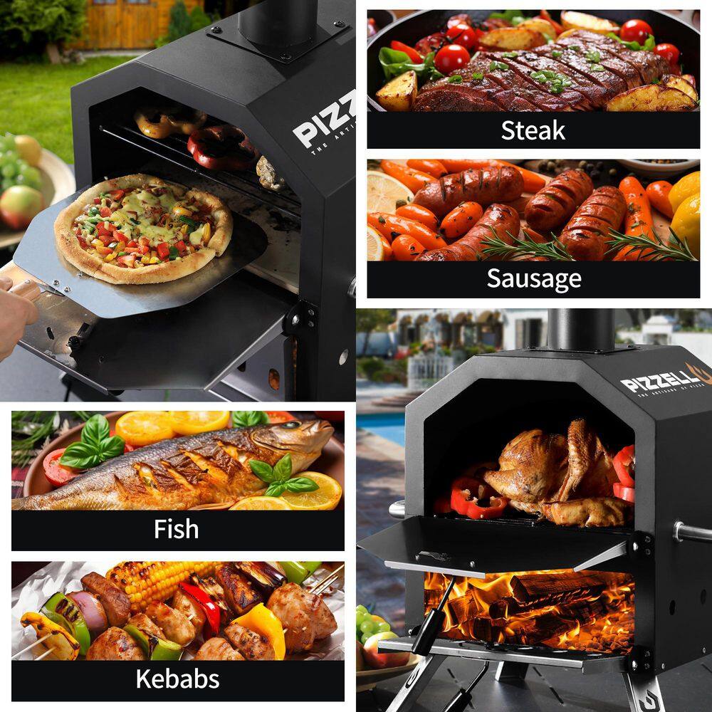 12 Inch Black Wood-Fired Outdoor Pizza Oven with Stone and Peel