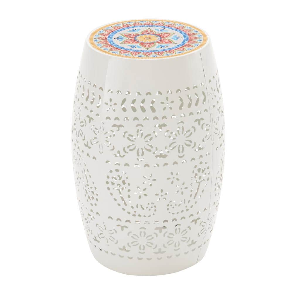 White Metal Ceramic Outdoor Side Table, Patio Mosaic 10 in. Round Accent Ta