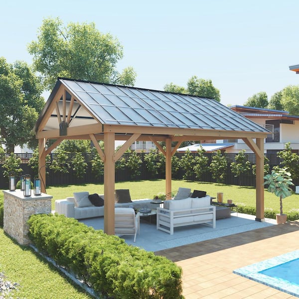 15 ft. x 13 ft. Outdoor Solid Cedar Wood Patio Hardtop Gazebo with Ceiling Hook and Black Galvanized Steel Roof