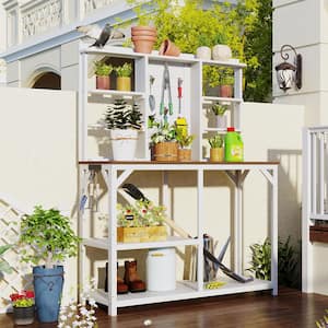 47.2 in. W x 64.6 in. H White Potting Bench Table Fir Wood Workstation with 6-Tier Shelves, Large Tabletop and Side Hook