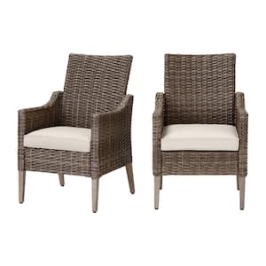 Rock Cliff Brown Wicker Outdoor Patio Stationary Dining Chair with CushionGuard Almond Tan Cushions (2-Pack)