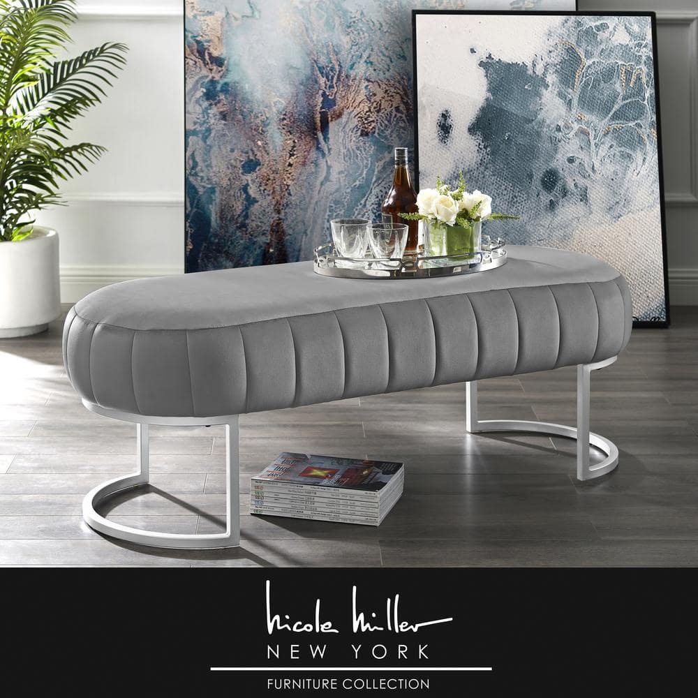 Nicole Miller Mohit Grey Silver Bench Upholstered Velvet 18 in. x