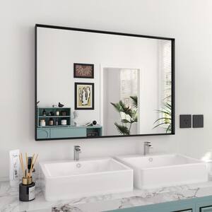 Trea 40 in. W x 30 in. H Large Rectangular Aluminium Beveled Square Angle Framed Wall Bathroom Vanity Mirror in Black