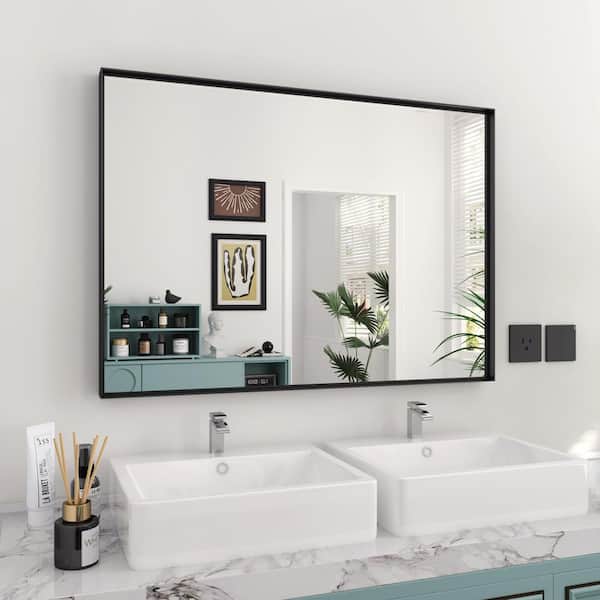 FAMYYT Trea 40 in. W x 30 in. H Large Rectangular Aluminium Beveled Square Angle Framed Wall Bathroom Vanity Mirror in Black