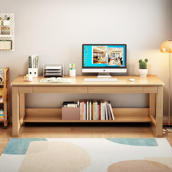 63 in. Beige Kids Study Desk, Solid Rubber Wood Home Office Desk with Storage Drawers