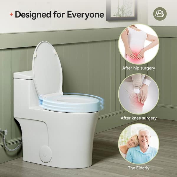 (1-Piece) 0.8/1.28 GPF Dual Flush Elongated Toilet in White HR-0038W with 3 in. Toilet Seat Riser, MAP Flush 1000g