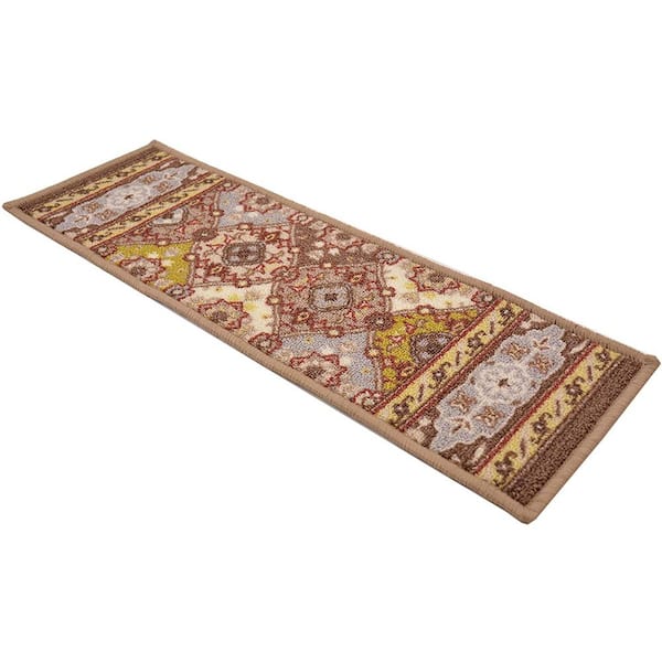 Indoor Bakhtiari Design Taupe 8-1/2 in. x 26 in. Slip Resistant Backing Stair Tread Cover (Set of 1)
