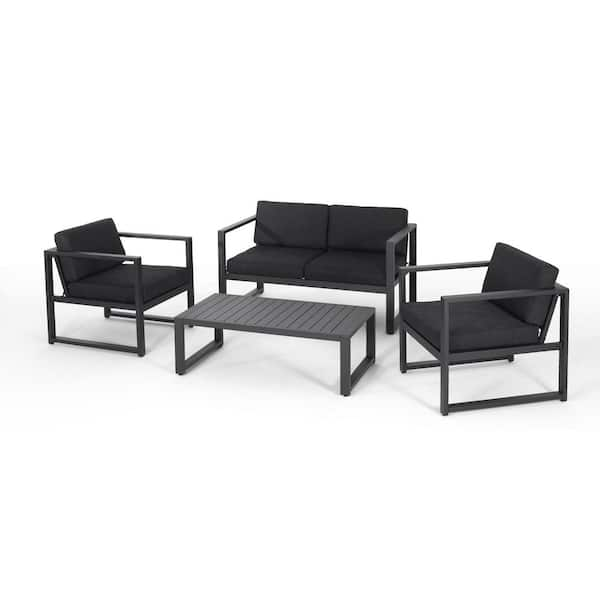 Noble House Navan Dark Gray 4-Piece Aluminum Outdoor Patio Conversation Set with Dark gray Cushions