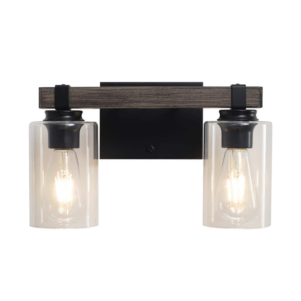14.96'' Black and Wood Grain Metal Vanity Light with Clear Glass Shades