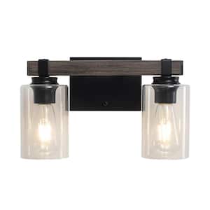 14.96 in. 2-Light Black and Wood Grain Vanity Light with Clear Glass Shade