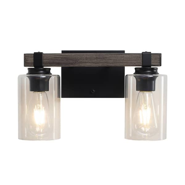 LWYTJO 14.96 in. 2-Light Black and Wood Grain Vanity Light with Clear Glass Shade