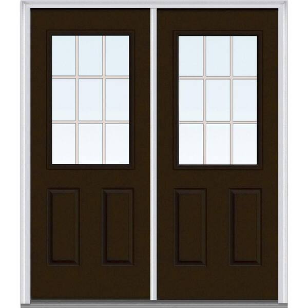 MMI Door 64 in. x 80 in. Tan Internal Grilles Right-Hand Inswing 1/2-Lite Clear Glass 2-Panel Painted Steel Prehung Front Door