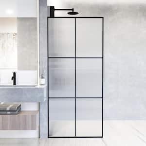 Ventana 34 in. W x 74 in. H Framed Fixed Shower Screen Door in Matte Black with 3/8 in. (10mm) Fluted Glass