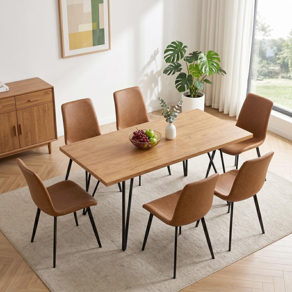 7-Piece Set Brown Chairs and Oak Rectangular Dining Table, Dining Table Set, Dining Room Set with 6 Chairs