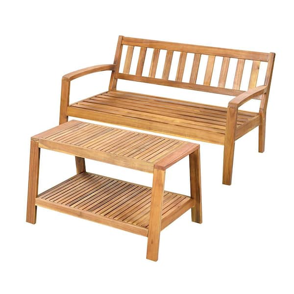 2-Piece Teak Outdoor Conversation Set with Loveseat, Coffee Table and Beige Cushions