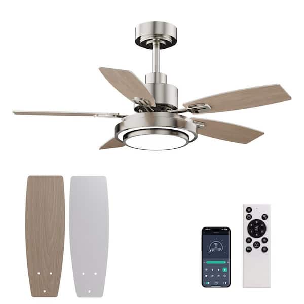 42 Inch Nickel Ceiling Fans with Lights and Remote, Modern Ceiling Fan with Reversible DC Motor for Bedroom Living Room