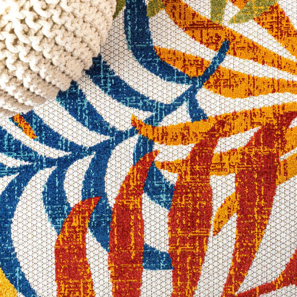 Cream and Orange Tropical Palm Leaves 5' x 8' Indoor/Outdoor Rug