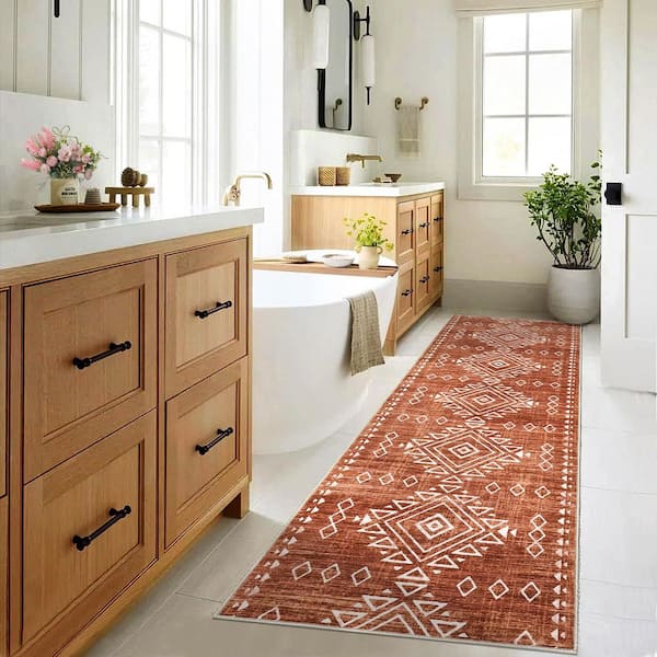 Brick Red 2x6ft Geometric Retro Corridor Strip Carpet Tribal Style Distressed Area Rug