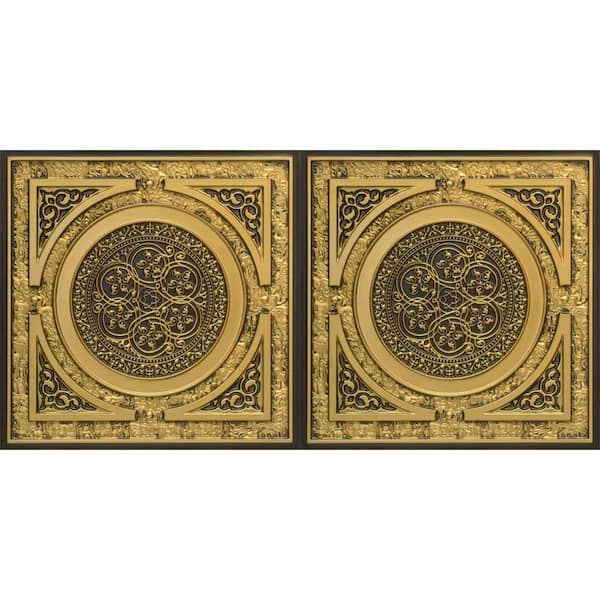 FROM PLAIN TO BEAUTIFUL IN HOURS Steampunk Antique Brass 2 ft. x 4 ft. PVC Glue-up or Lay-in Faux Tin Ceiling Tile (80 sq. ft./case)