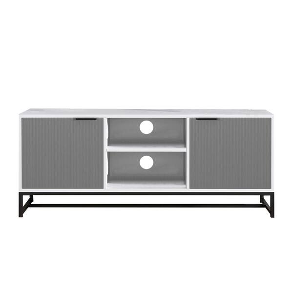 Tidoin 47.2 in. Wood White and Gray TV Stand with 2 Storage Doors Fits TV's up to 55 in. with 2 Shelves