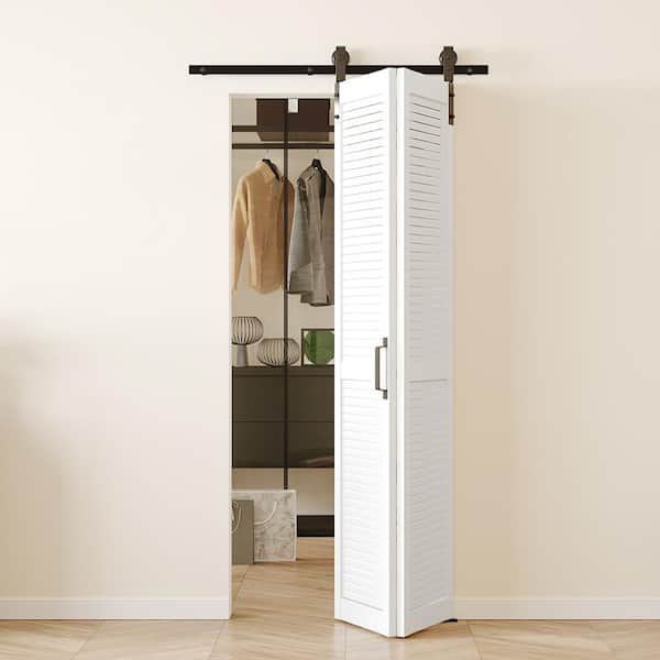 24 in. x 84 in. White, Finished, MDF, Bi-Fold Style, Pre-Assembled Panel, Louvered Sliding Barn Door with Hardware Kit