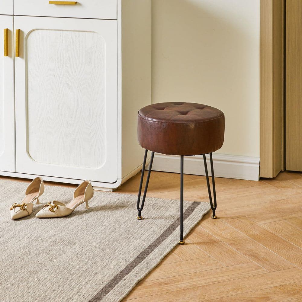 Dark Brown Faux Leather 18.11 in. Tall Makeup Vanity Stool, PU Dressing Table Seat, Pouf Couch Stool, Golden Steel Legs price history on PriceWatchPro