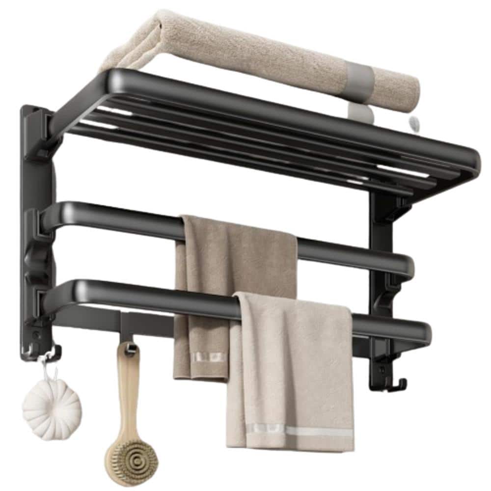 2-Towel Wall Mounted Bar Foldable Towel Organizer with 7-Hooks in Matte Bla