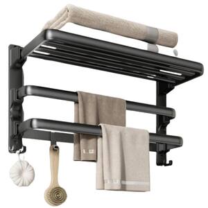 2-Towel Wall Mounted Bar Foldable Towel Organizer with 7-Hooks in Matte Black