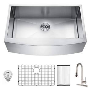 33 in Farmhouse/Apron-front Single Bowl Stainless Steel Kitchen Sink with Brushed Nickel Faucet