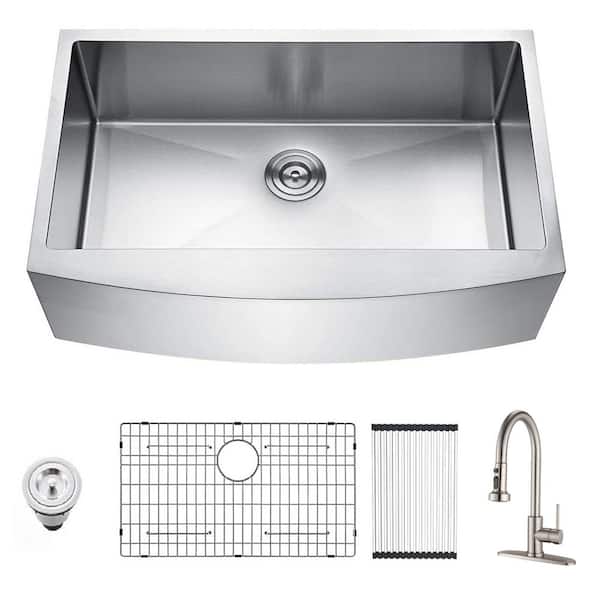 JimsMaison 33 in Farmhouse/Apron-front Single Bowl Stainless Steel Kitchen Sink with Brushed Nickel Faucet