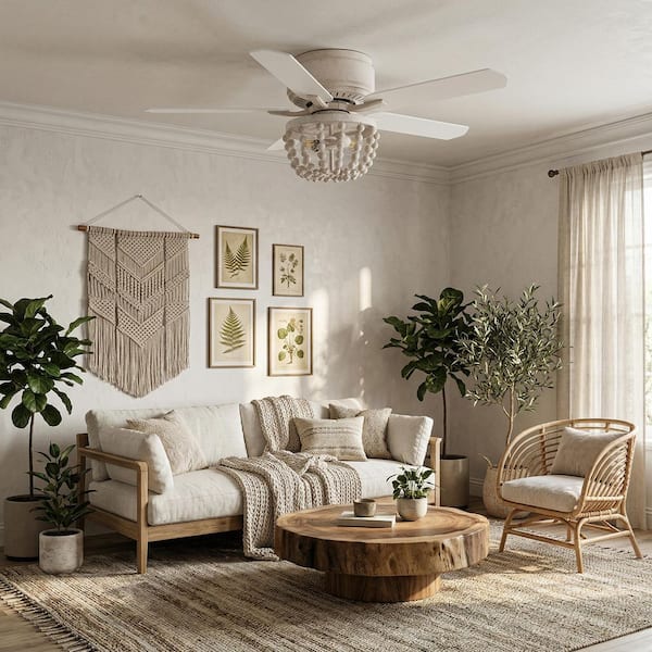 48 in. Indoor Farmhouse White Flush Mount Wood Bead Ceiling Fan with Light Kits and Remote