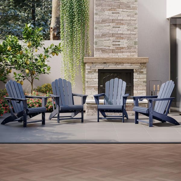 Aderson Set of 4 All Weather Fade Resistant Outdoor Patio HDPE Adirondack Chairs with Cup Holders in Navy Blue
