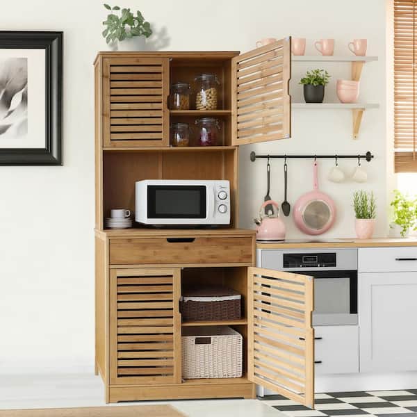 VEIKOUS Wood Color Natural Bamboo 29.5in. Kitchen Pantry Cabinet Storage with Buffet Cupboard and Microwave Stand