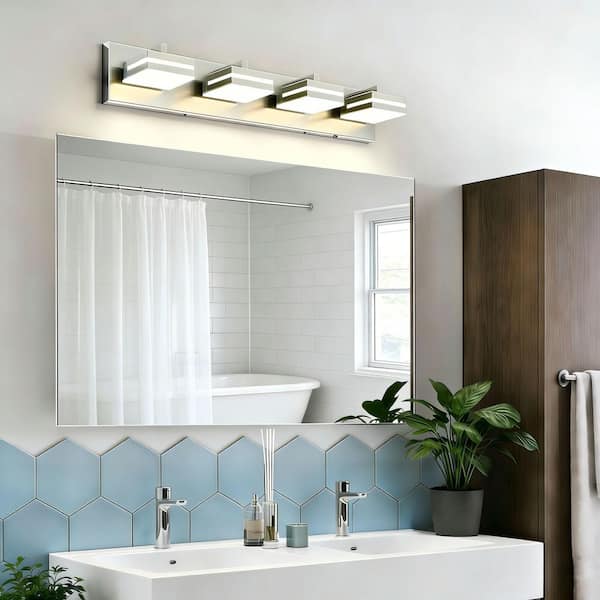 26.77 in. 4-Light Nickel Dimmable LED Bathroom Vanity Light with 5-CCT Adjustable Switch