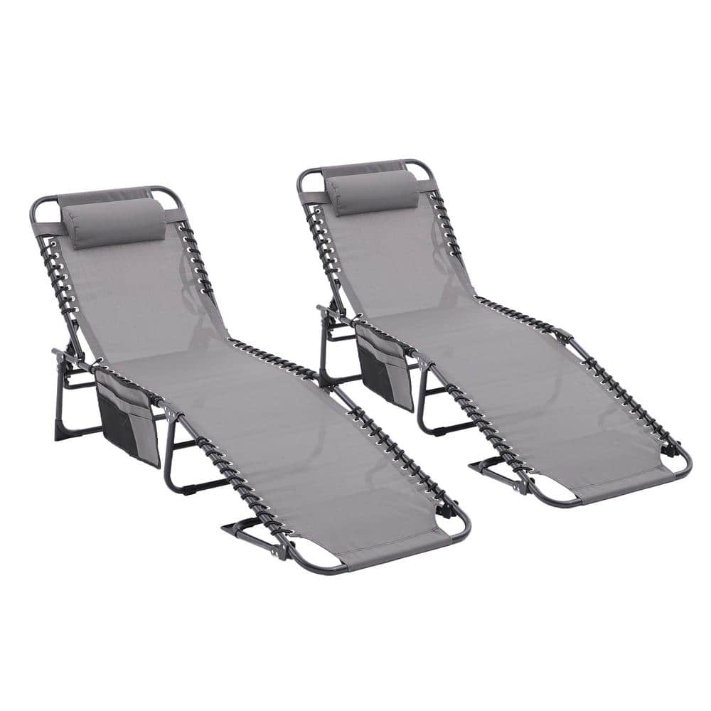 2-Piece Metal Folding Waterproof Outdoor Chaise Lounge with Pillow and Pock