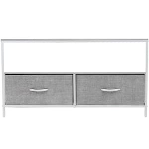 11 in. L x 22 in. W x 38 in. H 2-Drawer White TV Stand Steel Frame Wood Top Easy Pull Fabric Bins