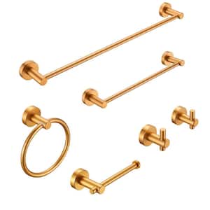 6-Piece Brushed Gold Bath Hardware Set Aluminium Wall Mounted Bathroom Accessories Kit