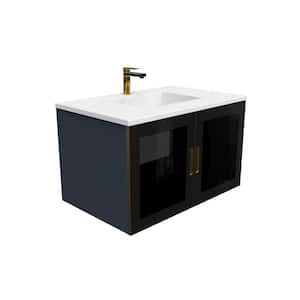 Solaria 36 in. W x 22 in. D x 22 in. H Single Floating Bath Vanity in Blue with Gold Trim and White Solid Surface Top