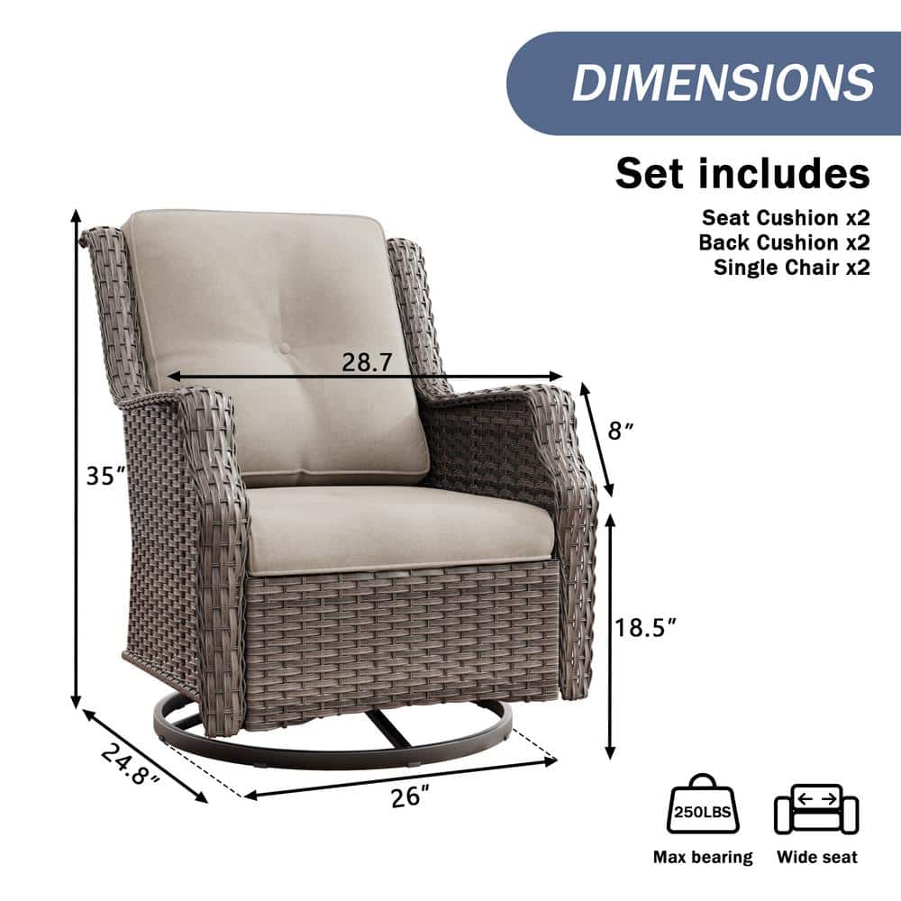 Beige and Gray Wicker Swivel Rocking Patio Chairs with Cushions