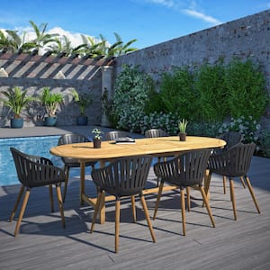 Rumi 9-Piece Eucalyptus Wood Patio Rectangular Dining Table Set Ideal for Outdoors, Black