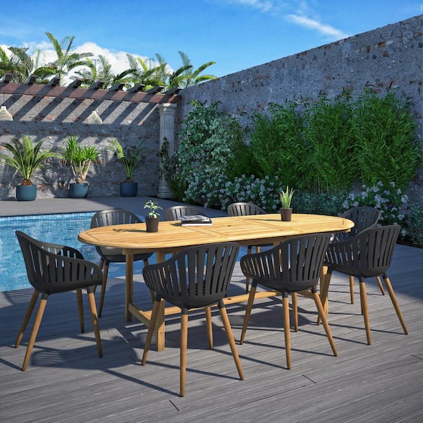 Amazonia Rumi 9-Piece Eucalyptus Wood Patio Rectangular Dining Table Set Ideal for Outdoors, Black