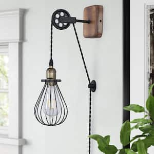 4.7 in. 1-Light Vintage Black Cage Shade Modern Industrial Adjustable Height Plug in Wall Sconce with Toggle Switch