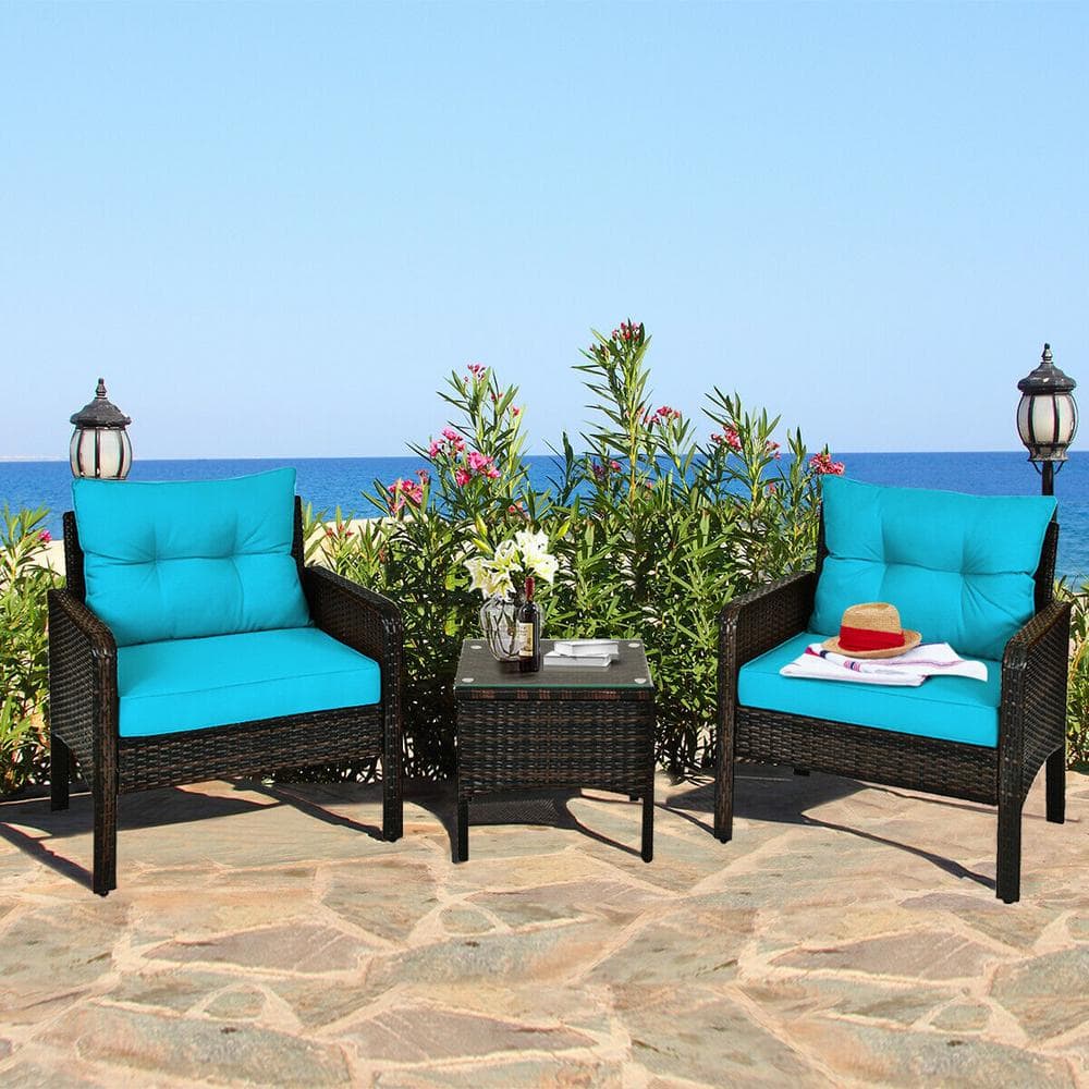 3-Piece PE Rattan Patio Conversation Set with Turquoise Cushions and Temper