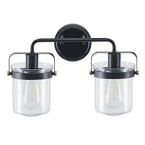 16 in. 2-Light Matte Black Vanity Light with Clear Glass Shade